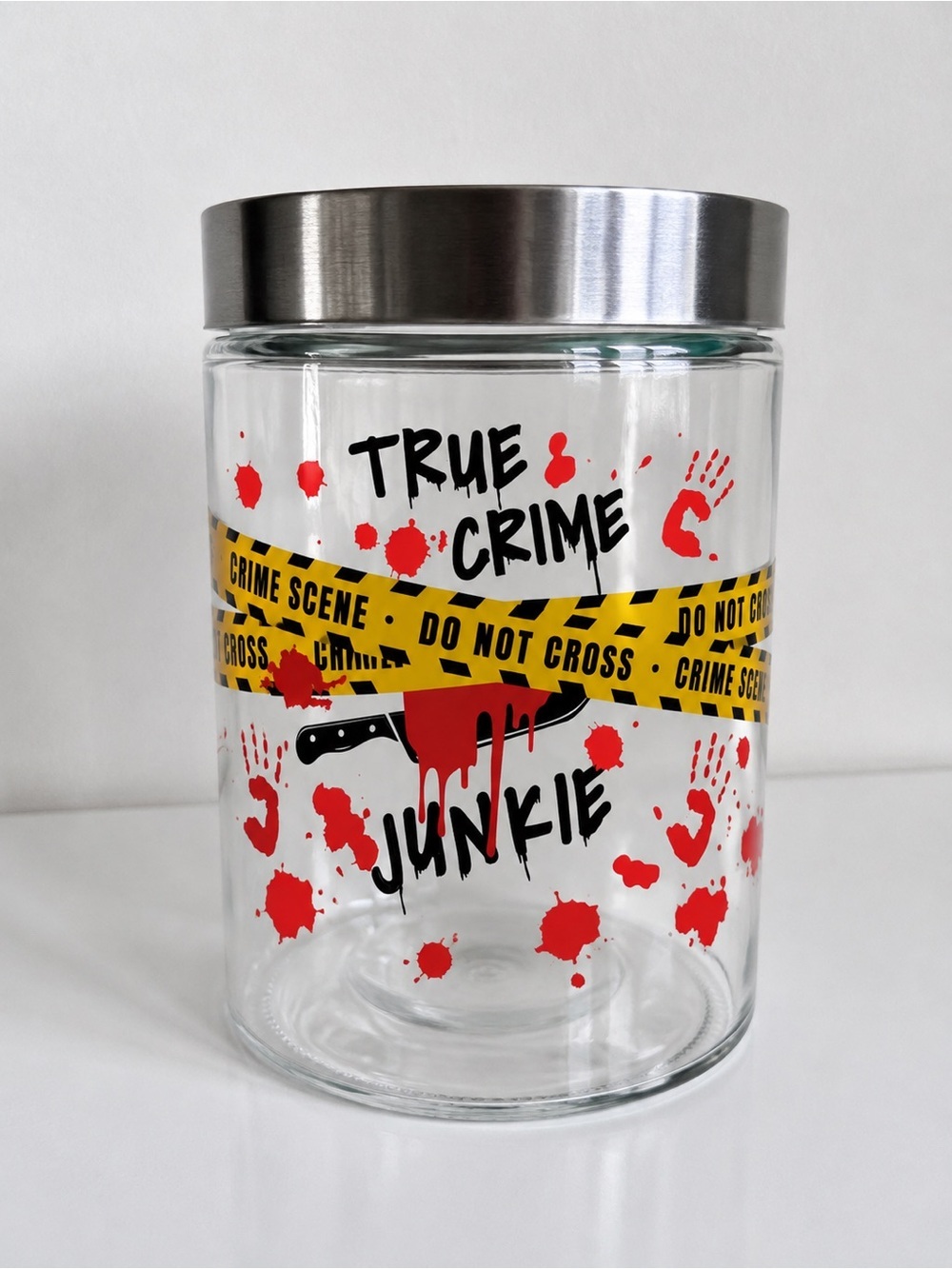 True Crime Junkie Glass Jar with Silver Lid - Yellow & Red Accent
